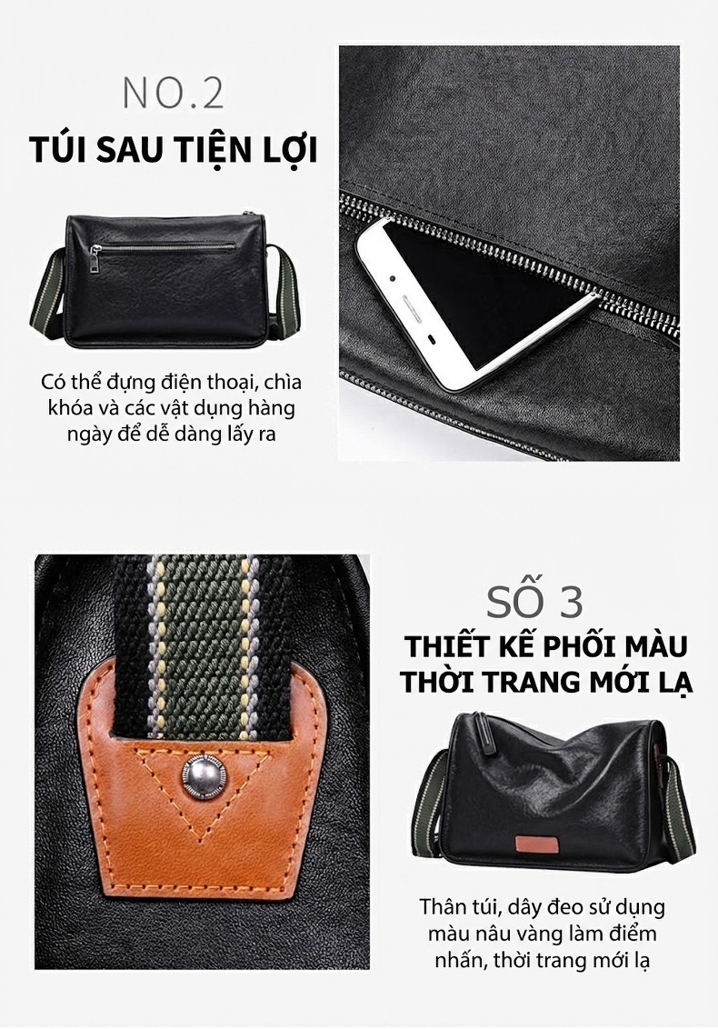 Túi Đeo Chéo Nam Da Bò Lớn Dáng Vuông Công Sở Màu Đen chi tiết 6