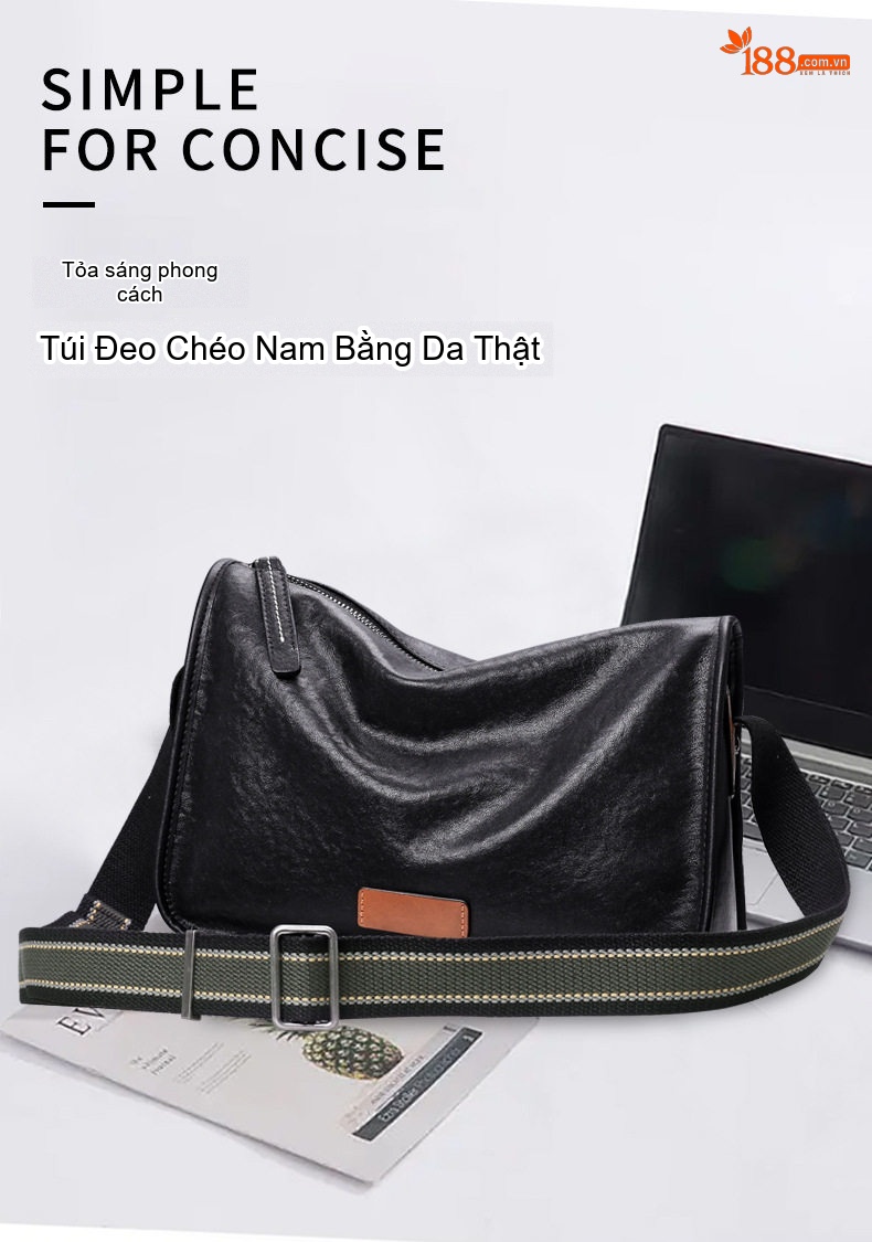 Túi Đeo Chéo Nam Da Bò Lớn Dáng Vuông Công Sở Màu Đen chi tiết 1