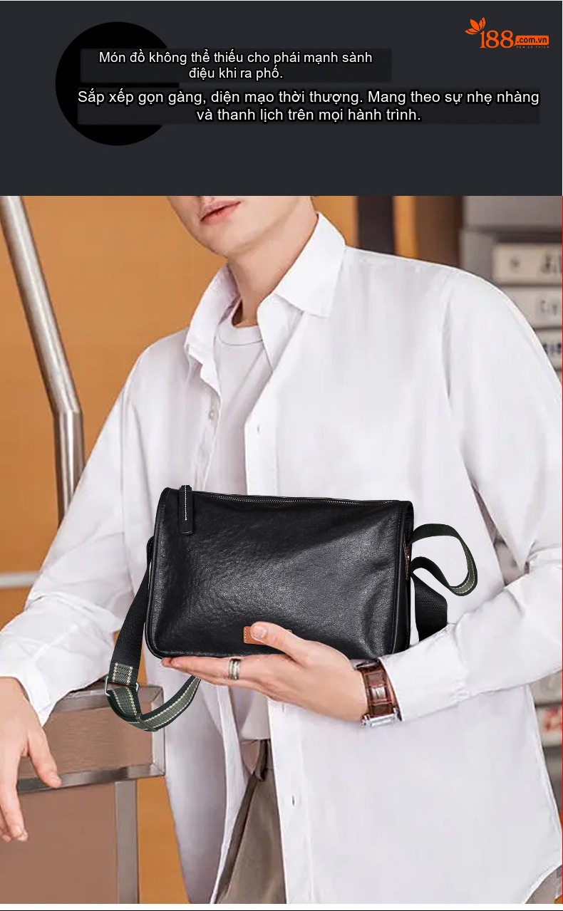 Túi Đeo Chéo Nam Da Bò Lớn Dáng Vuông Công Sở Màu Đen chi tiết 9