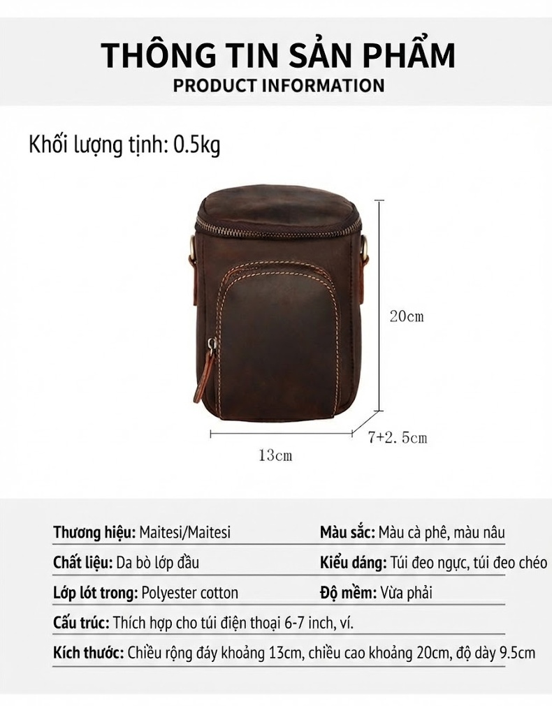 Túi Đeo Chéo Nam Da Bò Lớp Đầu Phong Cách Retro Màu Nâu chi tiết 5