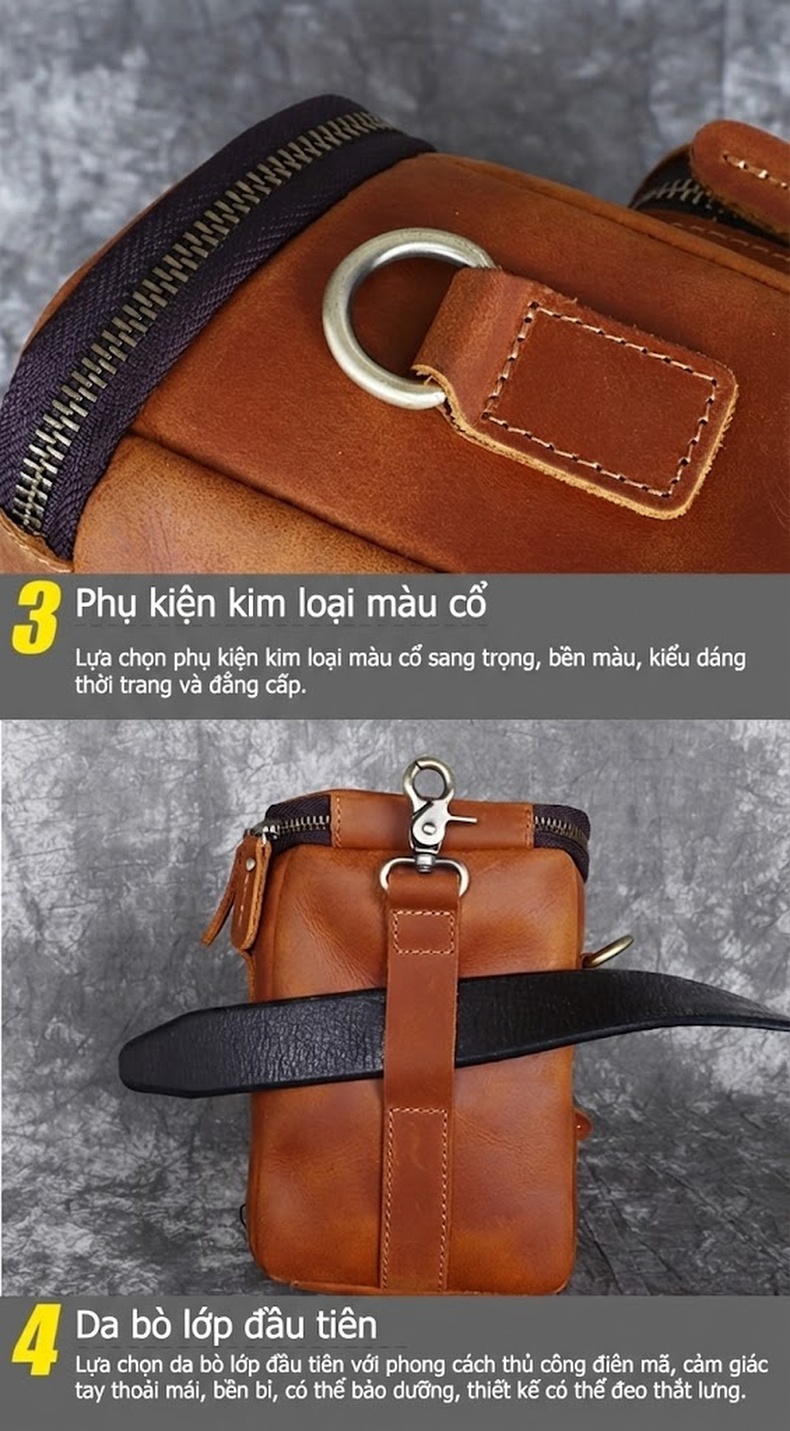 Túi Đeo Chéo Nam Da Bò Lớp Đầu Phong Cách Retro Màu Nâu chi tiết 15