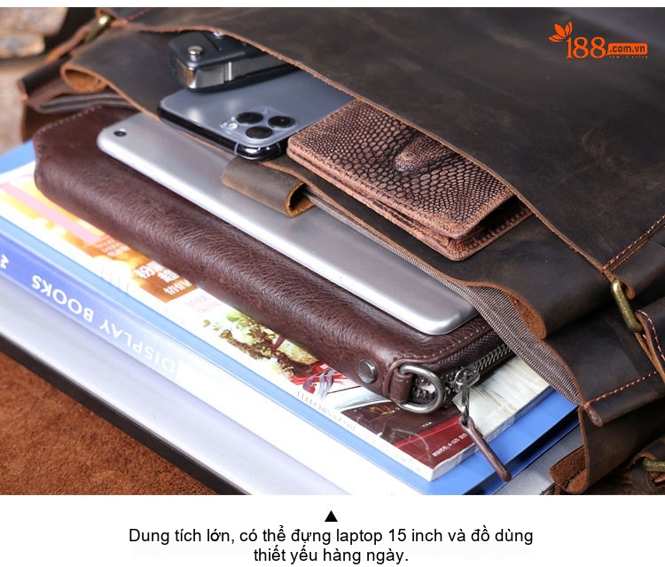 Túi Đeo Chéo Nam Da Bò Mad Horse Cỡ Lớn Đựng Laptop Phong Cách Retro Màu Nâu chi tiết 13