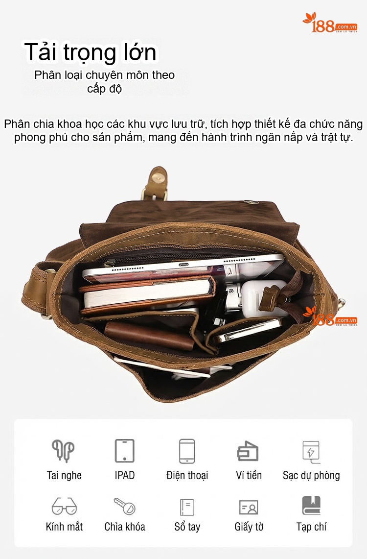 Túi Đeo Chéo Nam Da Bò Madhorse Phong Cách Âu Mỹ Màu Nâu, Đen chi tiết 4
