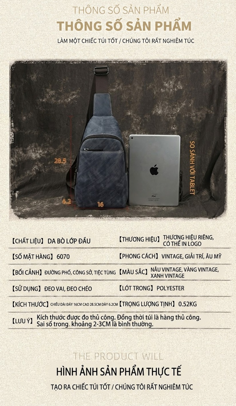 Túi Đeo Chéo Nam Da Bò Mềm Mại Phong Cách Retro Màu Nâu, Xanh Dương chi tiết 2