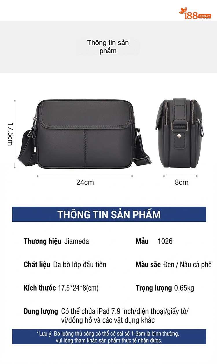 Túi Đeo Chéo Nam Da Bò Mini Đựng Ipad Phong Cách Casual Màu Đen, Nâu Đỏ chi tiết 2