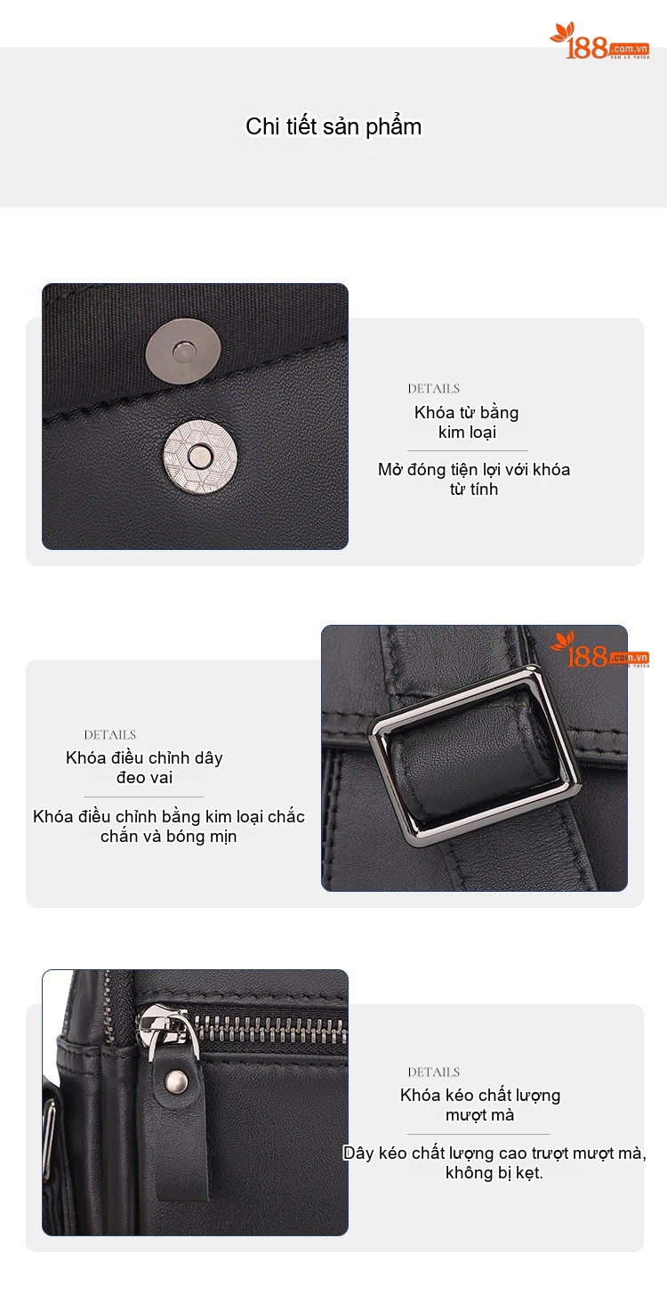 Túi Đeo Chéo Nam Da Bò Mini Đựng Ipad Phong Cách Casual Màu Đen, Nâu Đỏ chi tiết 6