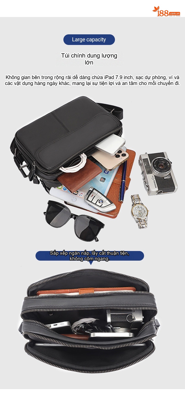 Túi Đeo Chéo Nam Da Bò Mini Đựng Ipad Phong Cách Casual Màu Đen, Nâu Đỏ chi tiết 4
