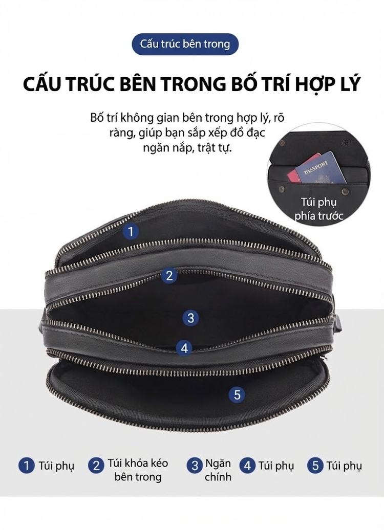 Túi Đeo Chéo Nam Da Bò Mini Đựng Ipad Phong Cách Casual Màu Đen, Nâu Đỏ chi tiết 5