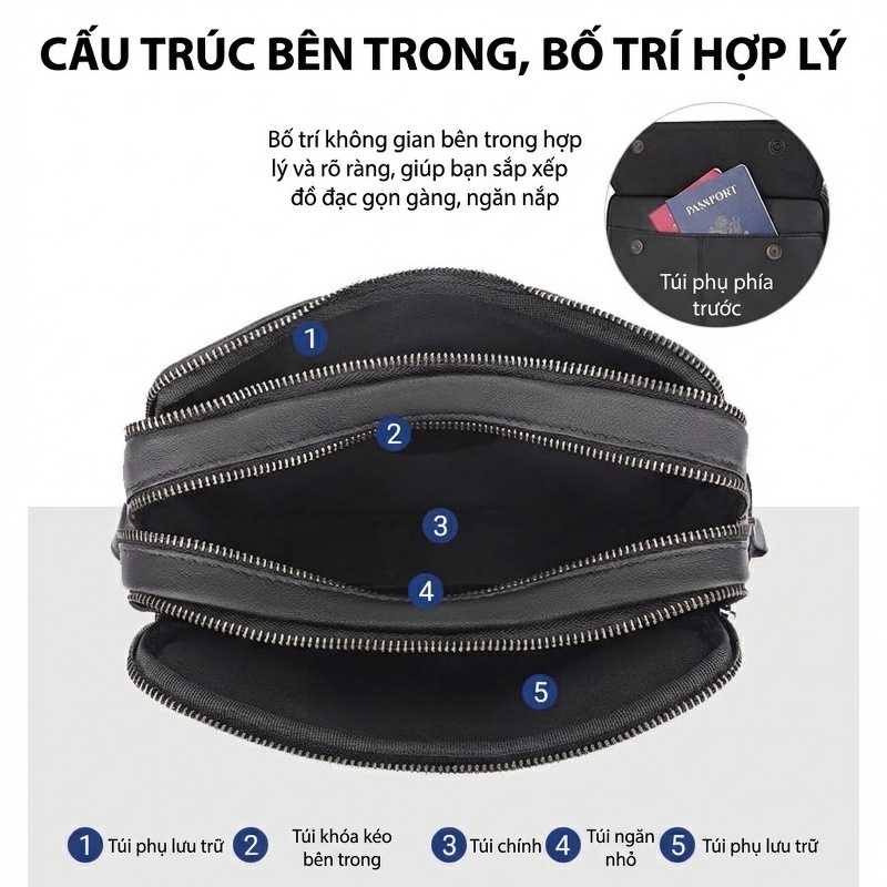 Túi Đeo Chéo Nam Da Bò Mini Đựng Ipad Phong Cách Casual Màu Đen, Nâu Đỏ