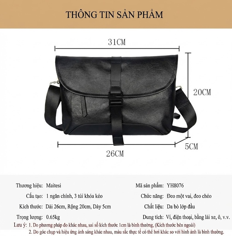 Túi Đeo Chéo Nam Da Bò Mini Đựng Ipad Phong Cách Công Sở Màu Đen chi tiết 9