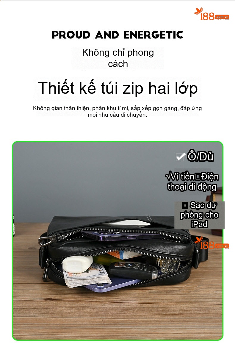 Túi Đeo Chéo Nam Da Bò Mini Đựng Ipad Phong Cách Thời Trang Màu Đen chi tiết 8
