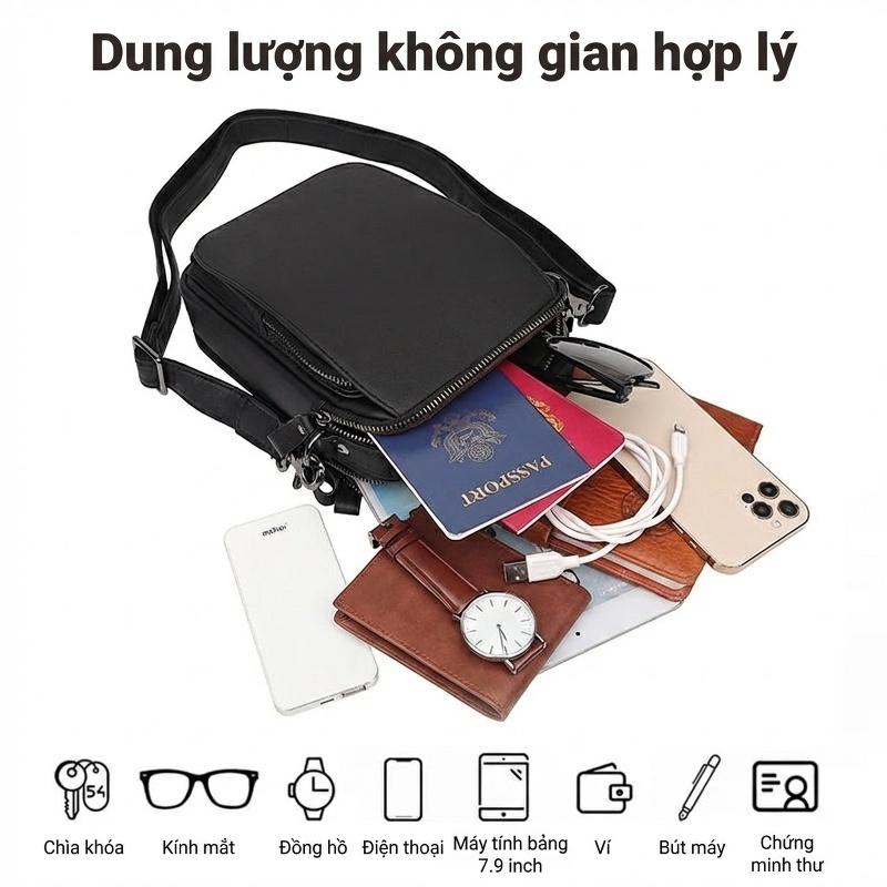 Túi Đeo Chéo Nam Da Bò Mini Nhỏ Gọn Tiện Lợi Màu Đen, Nâu