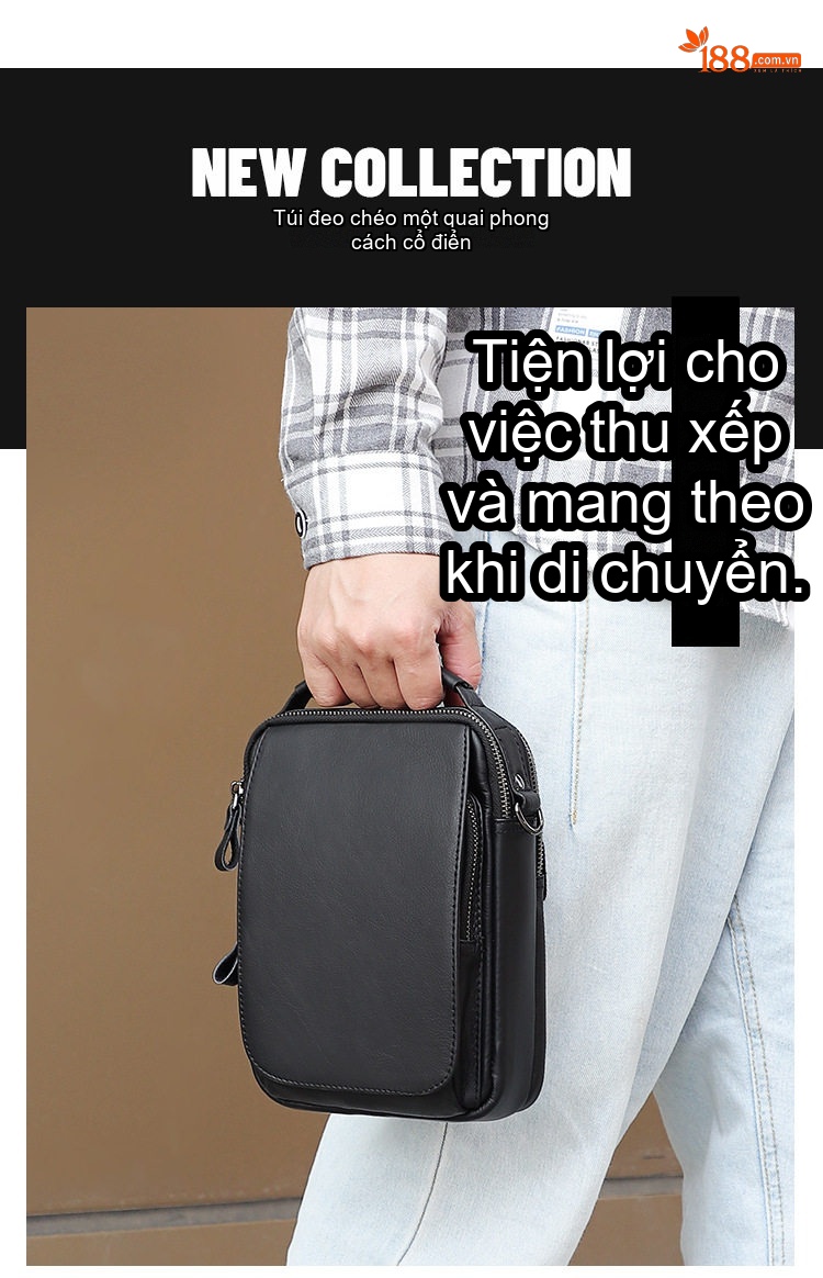 Túi Đeo Chéo Nam Da Bò Mini Nhỏ Gọn Tiện Lợi Màu Đen, Nâu chi tiết 1