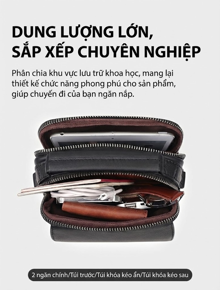 Túi Đeo Chéo Nam Da Bò Mini Nhỏ Gọn Tiện Lợi Màu Đen, Nâu chi tiết 7