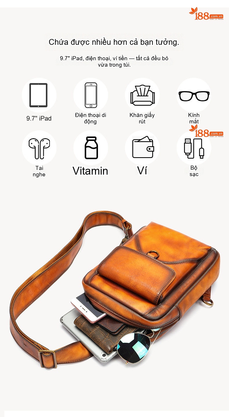 Túi Đeo Chéo Nam Da Bò Một Lớp Đeo Vai Kiểu Dáng Retro Màu Nâu chi tiết 8