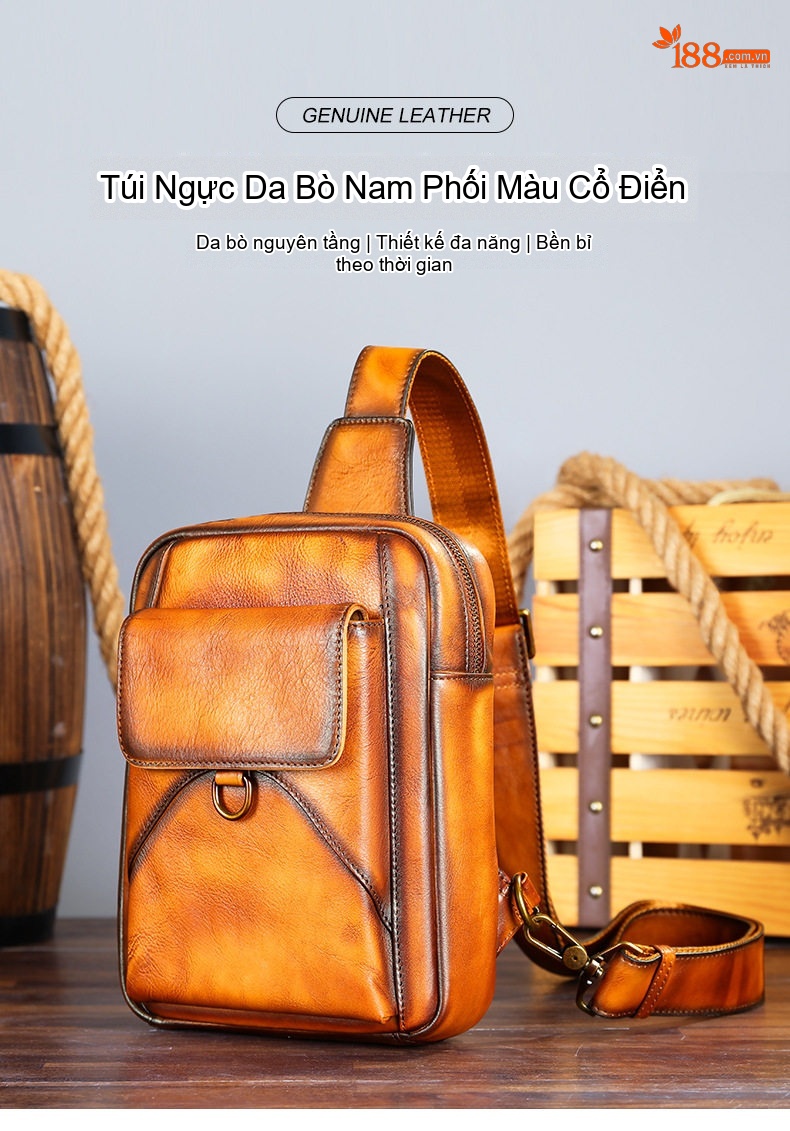 Túi Đeo Chéo Nam Da Bò Một Lớp Đeo Vai Kiểu Dáng Retro Màu Nâu chi tiết 1