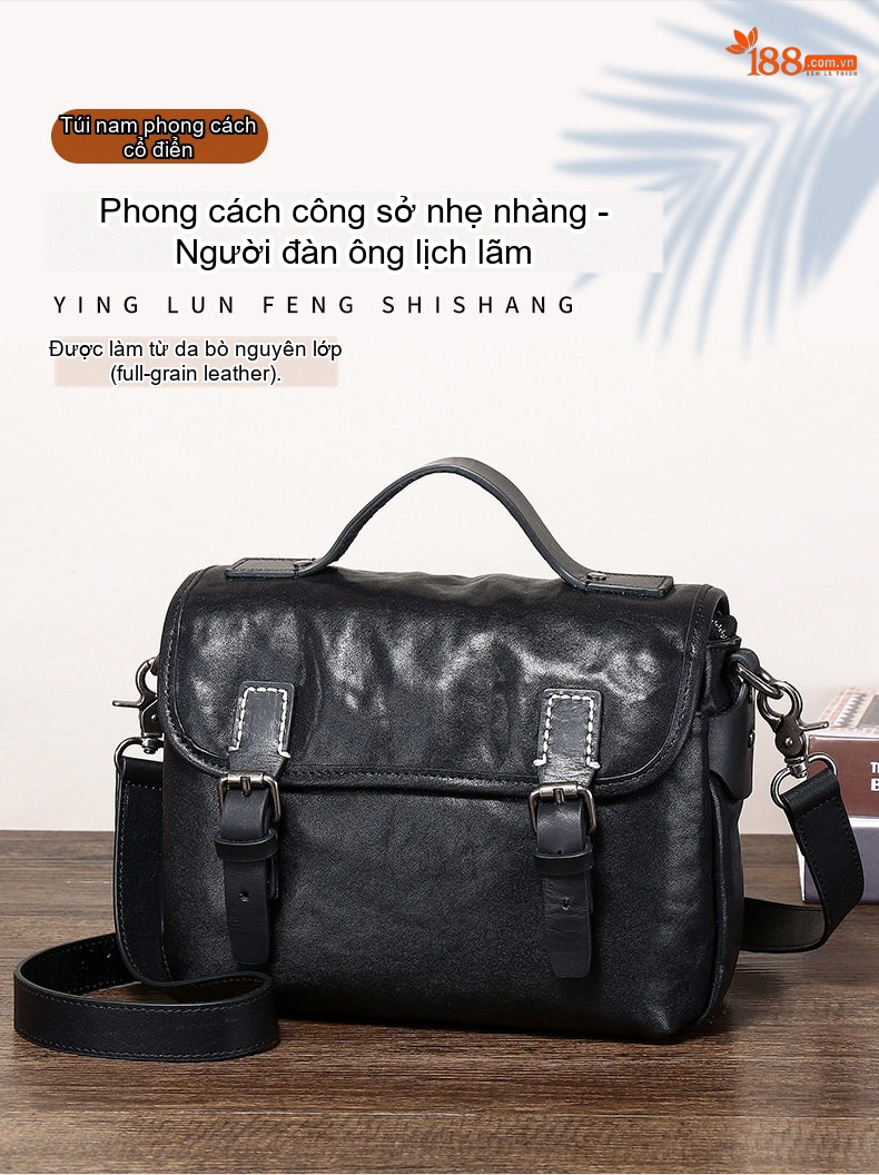 Túi Đeo Chéo Nam Da Bò Một Lớp, Túi Đeo Vai Nam Da Thuộc Thực Vật Thủ Công, Túi Đựng Ipad Ngang Màu Đen chi tiết 4