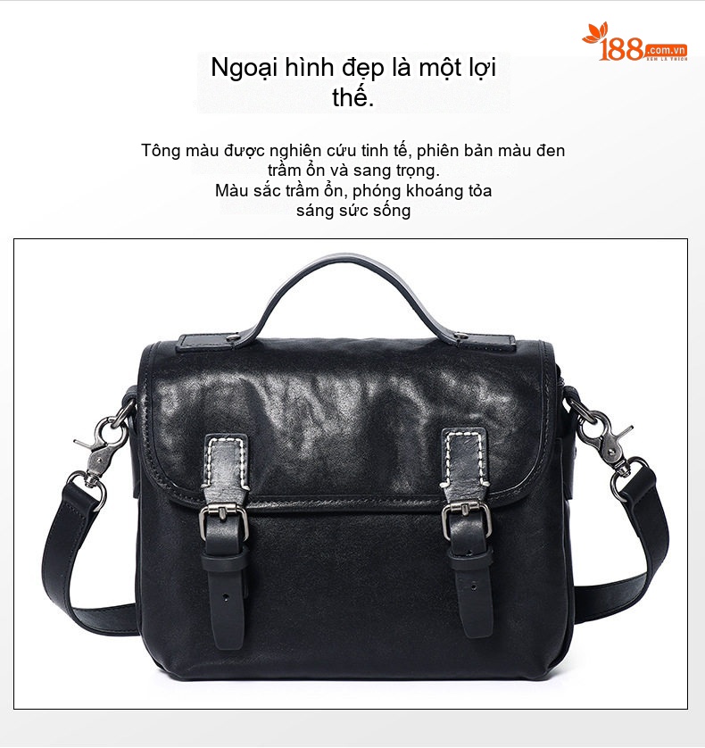 Túi Đeo Chéo Nam Da Bò Một Lớp, Túi Đeo Vai Nam Da Thuộc Thực Vật Thủ Công, Túi Đựng Ipad Ngang Màu Đen chi tiết 14