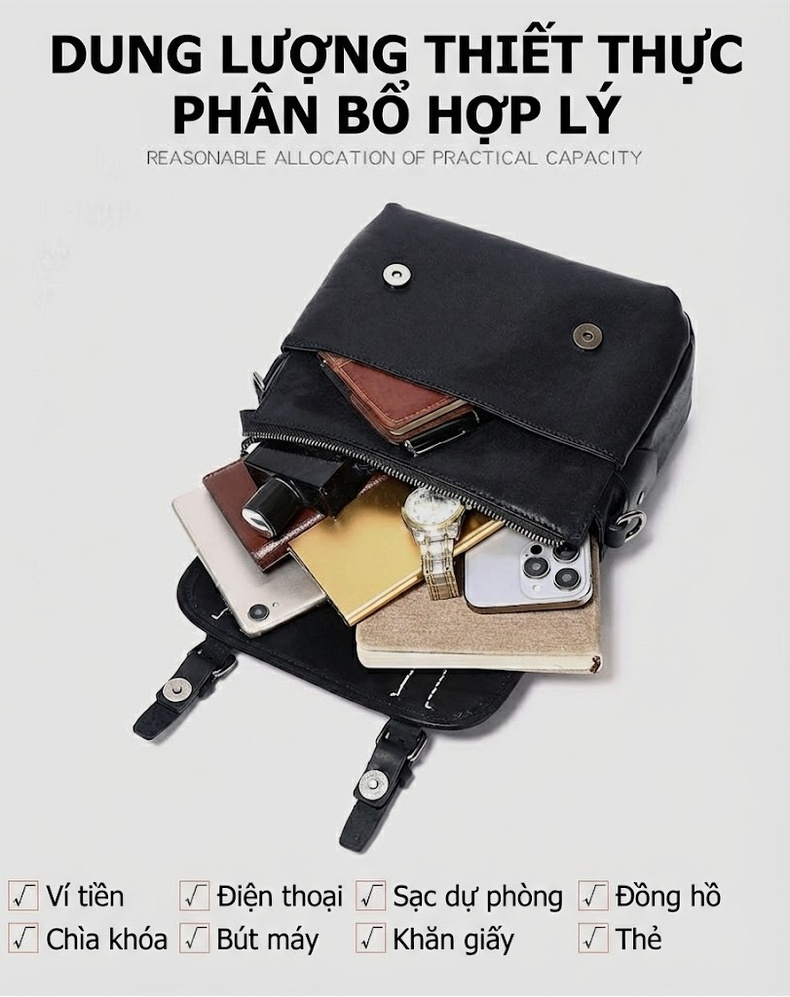 Túi Đeo Chéo Nam Da Bò Một Lớp, Túi Đeo Vai Nam Da Thuộc Thực Vật Thủ Công, Túi Đựng Ipad Ngang Màu Đen chi tiết 16