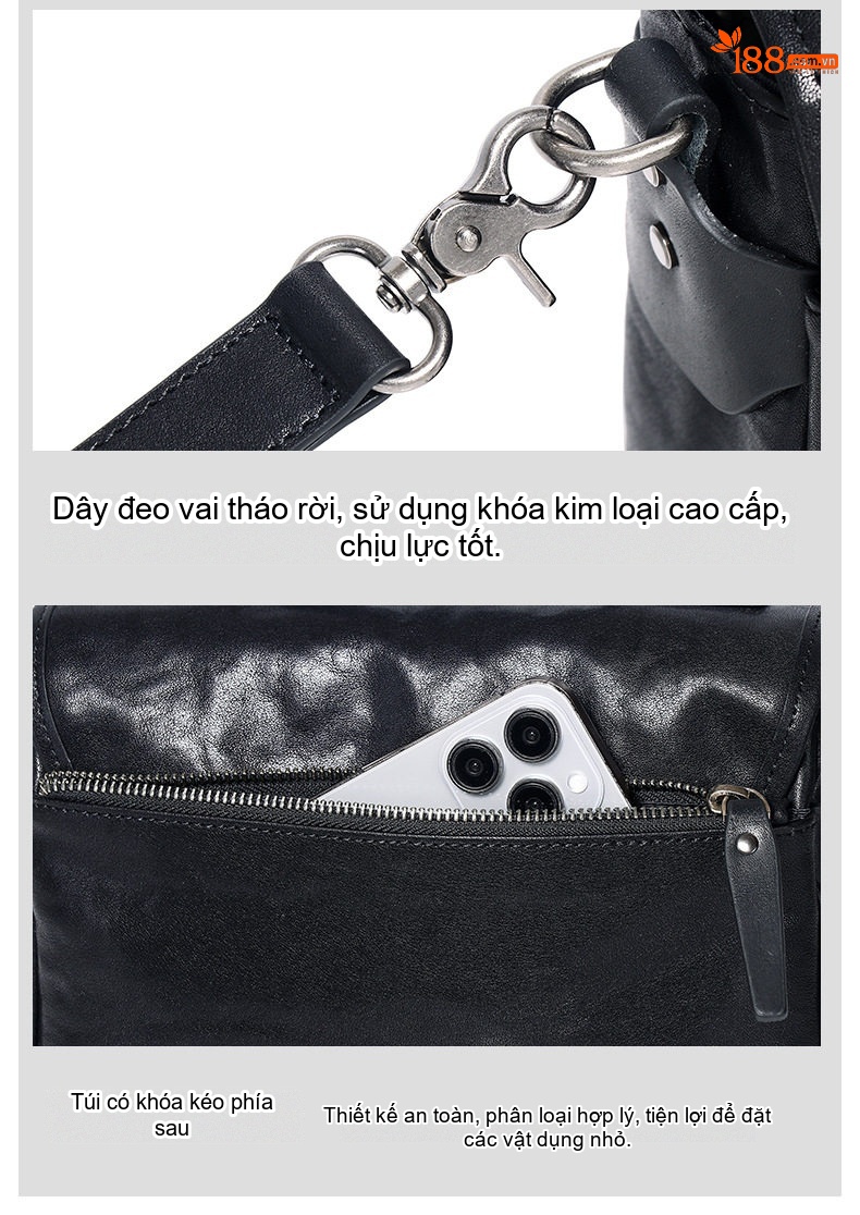 Túi Đeo Chéo Nam Da Bò Một Lớp, Túi Đeo Vai Nam Da Thuộc Thực Vật Thủ Công, Túi Đựng Ipad Ngang Màu Đen chi tiết 27