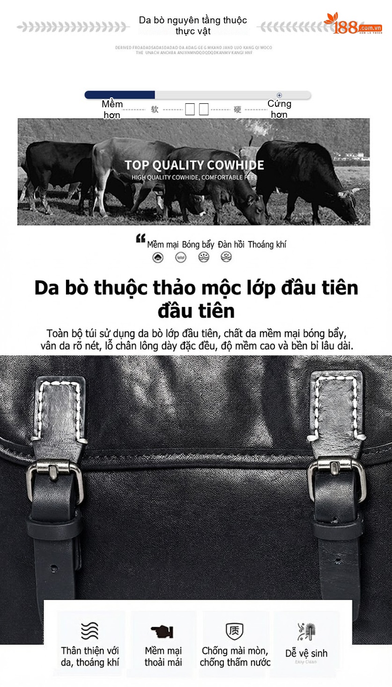 Túi Đeo Chéo Nam Da Bò Một Lớp, Túi Đeo Vai Nam Da Thuộc Thực Vật Thủ Công, Túi Đựng Ipad Ngang Màu Đen chi tiết 9