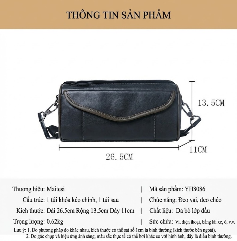 Túi Đeo Chéo Nam Da Bò Một Ngăn Phong Cách Thời Trang Màu Đen chi tiết 10