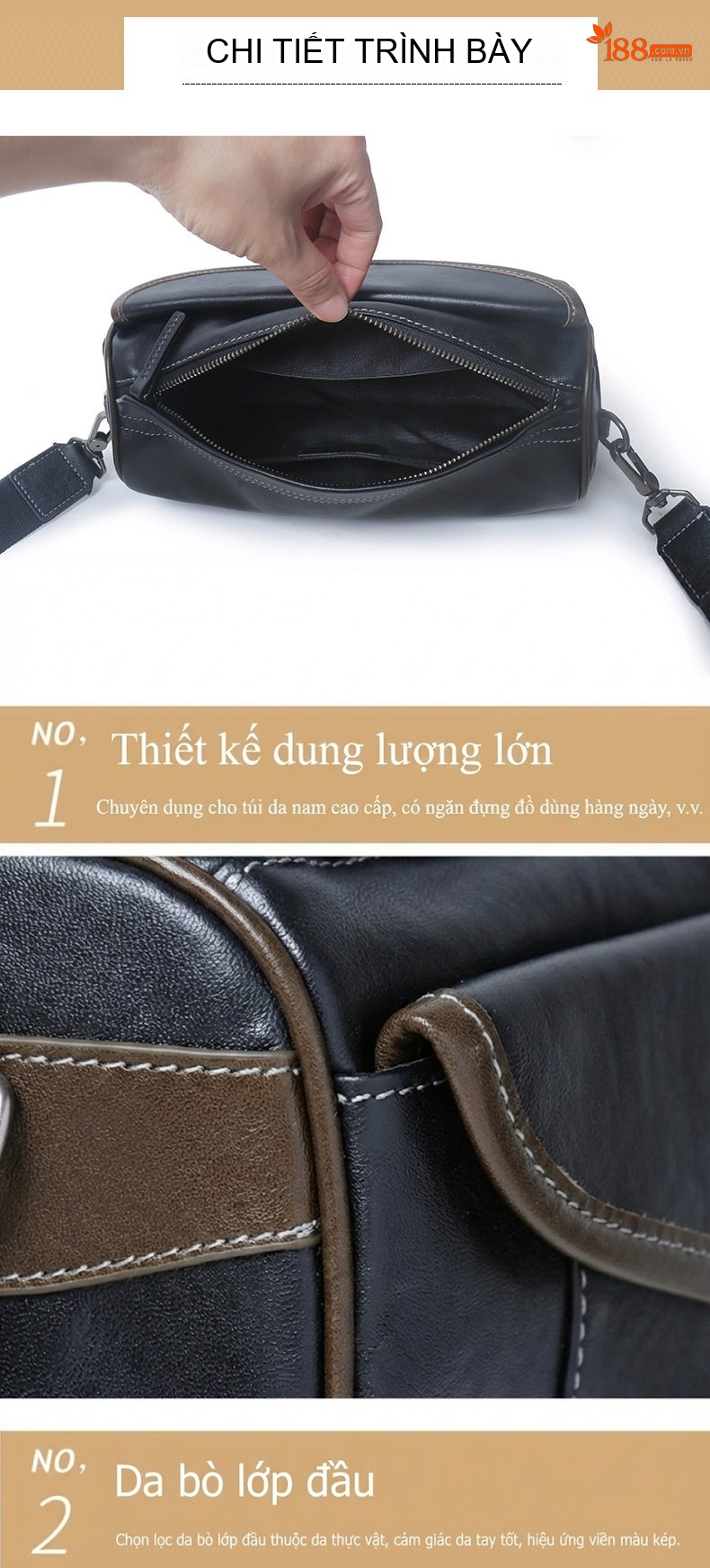 Túi Đeo Chéo Nam Da Bò Một Ngăn Phong Cách Thời Trang Màu Đen chi tiết 15