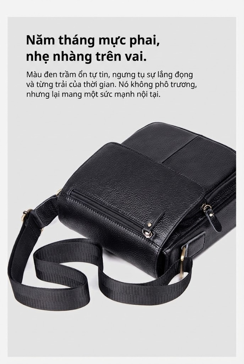 Túi Đeo Chéo Nam Da Bò Nắp Gập Công Sở Màu Nâu chi tiết 10