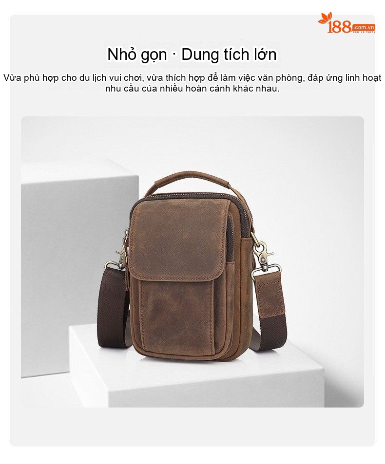 Túi Đeo Chéo Nam Da Bò Nappa Chống Nước Phong Cách Hàn Quốc Màu Nâu, Đen chi tiết 4
