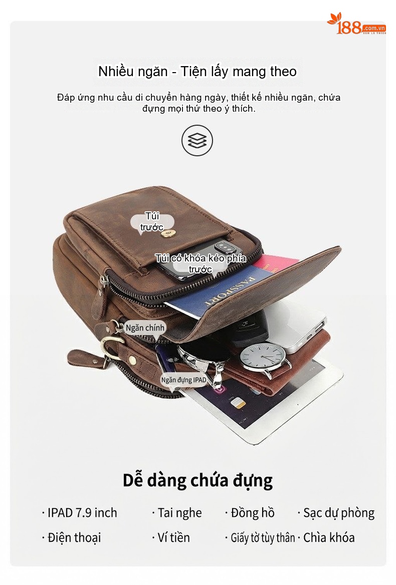 Túi Đeo Chéo Nam Da Bò Nappa Chống Nước Phong Cách Hàn Quốc Màu Nâu, Đen chi tiết 5