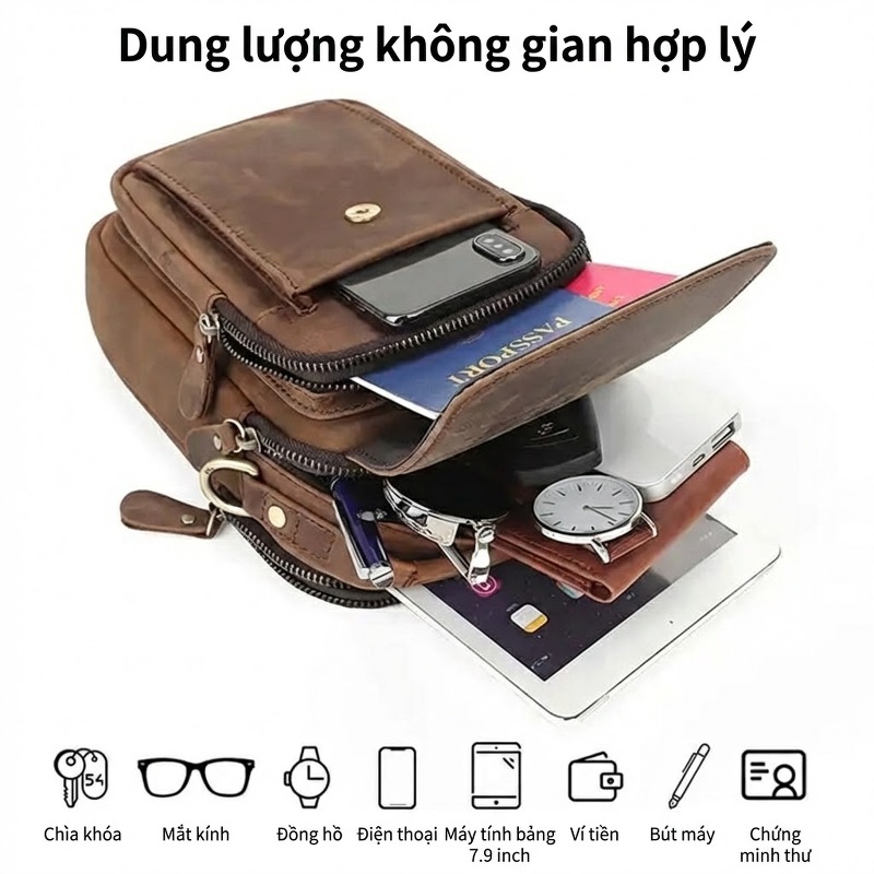 Túi Đeo Chéo Nam Da Bò Nappa Chống Nước Phong Cách Hàn Quốc Màu Nâu, Đen