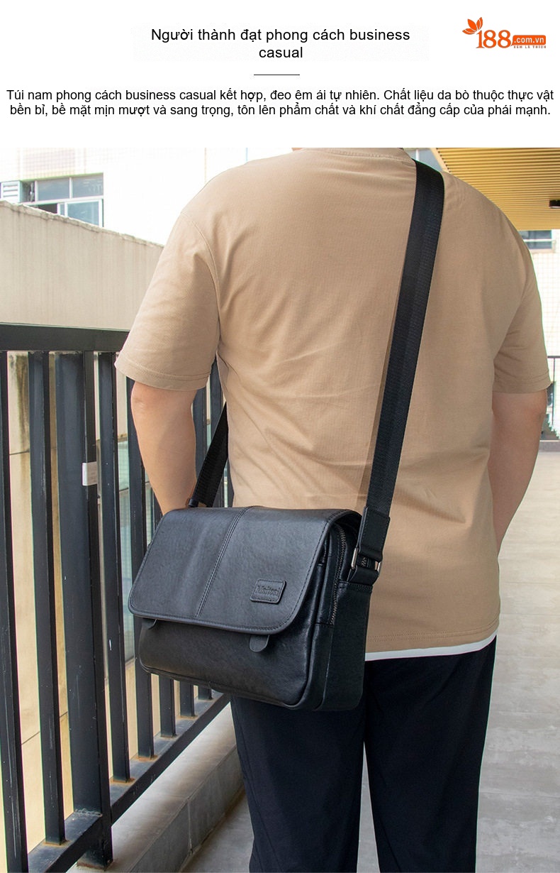 Túi Đeo Chéo Nam Da Bò Ngăn Ngang Phong Cách Hàn Quốc Màu Đen chi tiết 6