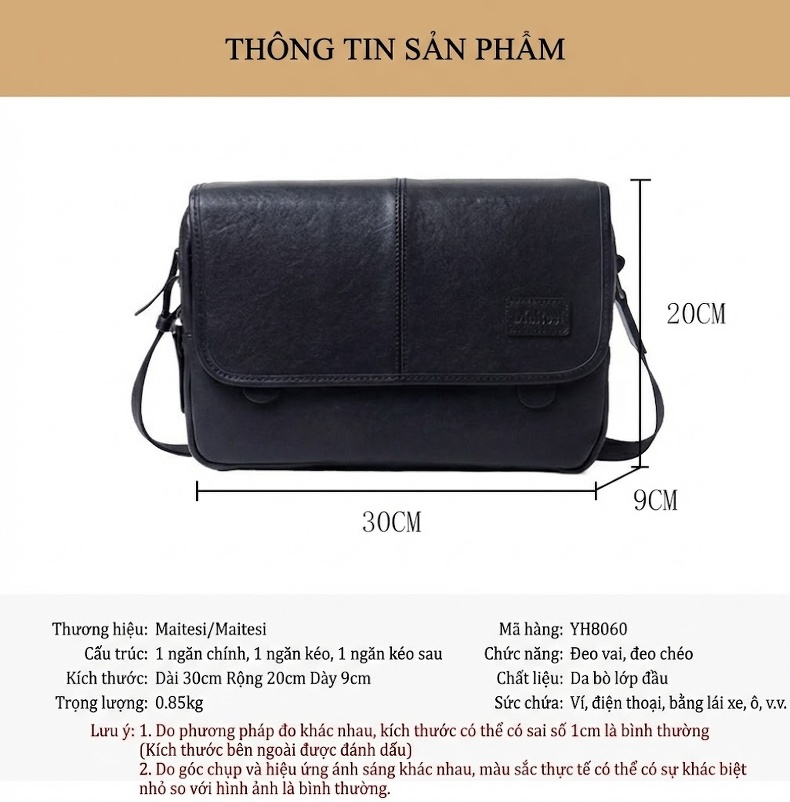 Túi Đeo Chéo Nam Da Bò Ngăn Ngang Phong Cách Hàn Quốc Màu Đen chi tiết 10