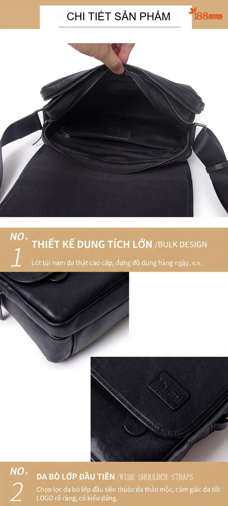 Túi Đeo Chéo Nam Da Bò Ngăn Ngang Phong Cách Hàn Quốc Màu Đen chi tiết 15