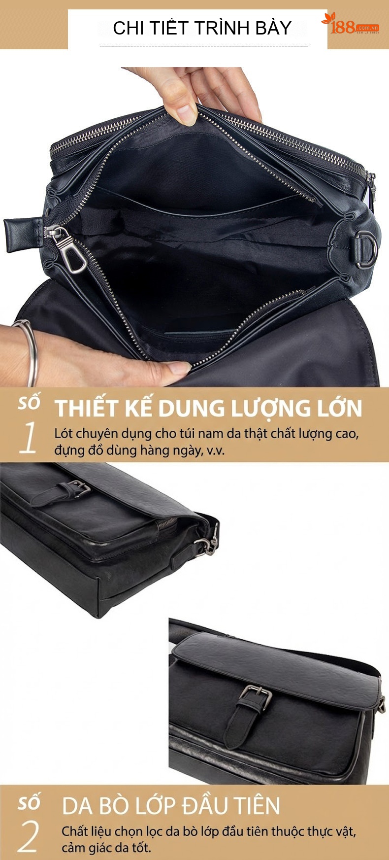 Túi Đeo Chéo Nam Da Bò Ngăn Ngang Thời Trang, Phong Cách Hàn Quốc Màu Đen chi tiết 14