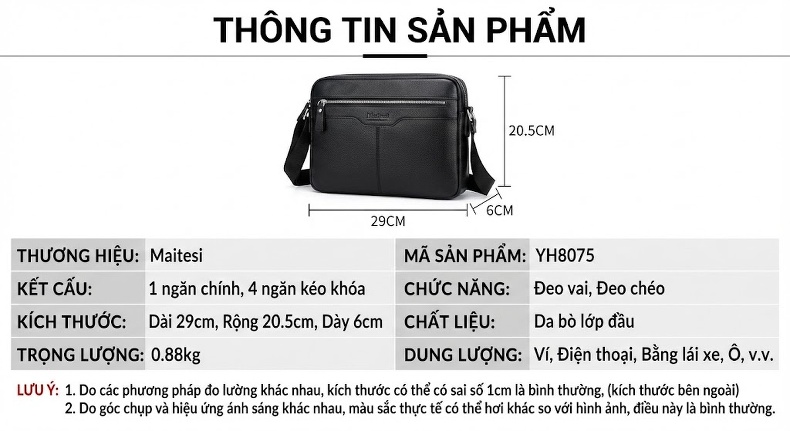 Túi Đeo Chéo Nam Da Bò Ngăn Ngang Thời Trang, Phong Cách Hàn Quốc Màu Đen chi tiết 9