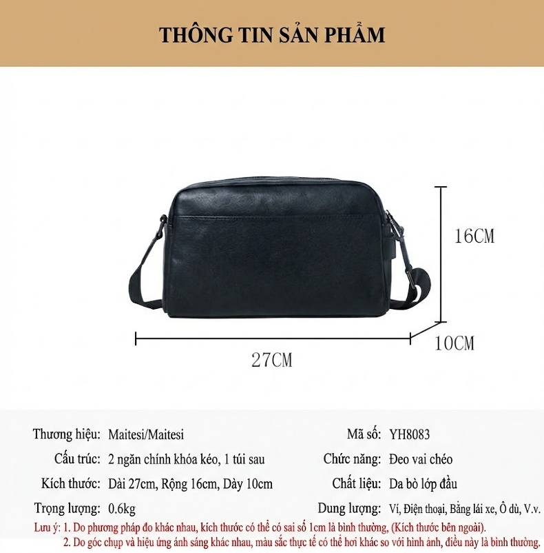 Túi Đeo Chéo Nam Da Bò Ngăn Rộng Phong Cách Thời Trang Màu Đen chi tiết 10