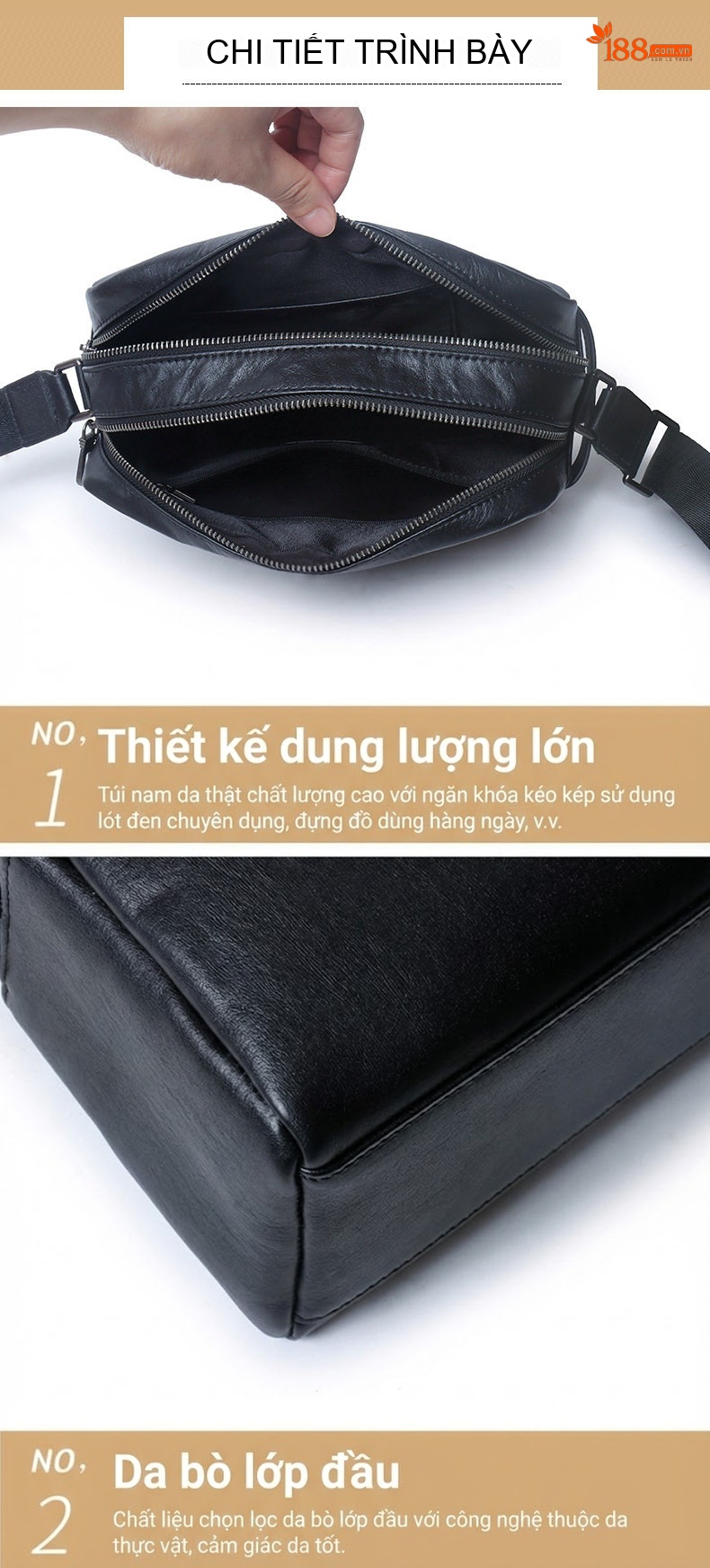 Túi Đeo Chéo Nam Da Bò Ngăn Rộng Phong Cách Thời Trang Màu Đen chi tiết 15