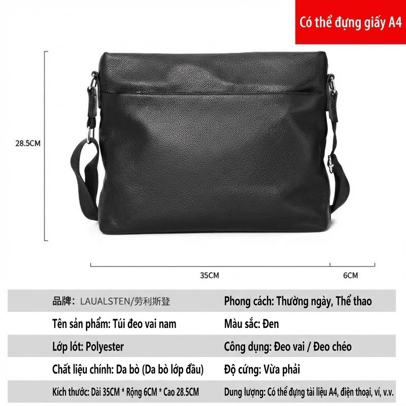 Túi Đeo Chéo Nam Da Bò Ngang Dáng Mềm Mại Phong Cách Thời Trang Màu Đen chi tiết 10