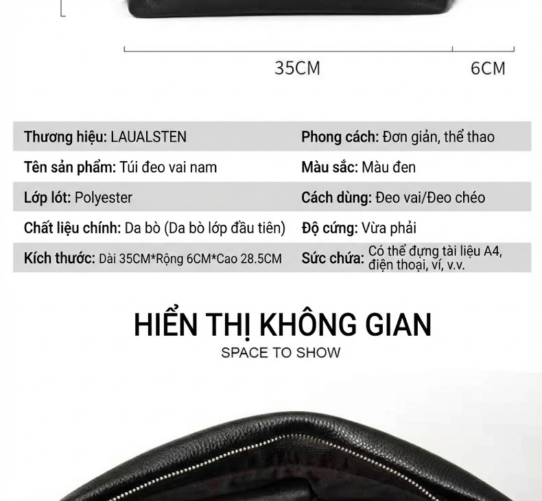 Túi Đeo Chéo Nam Da Bò Ngang Dáng Mềm Mại Phong Cách Thời Trang Màu Đen chi tiết 15