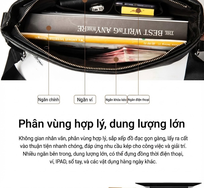 Túi Đeo Chéo Nam Da Bò Ngang Dáng Mềm Mại Phong Cách Thời Trang Màu Đen chi tiết 16