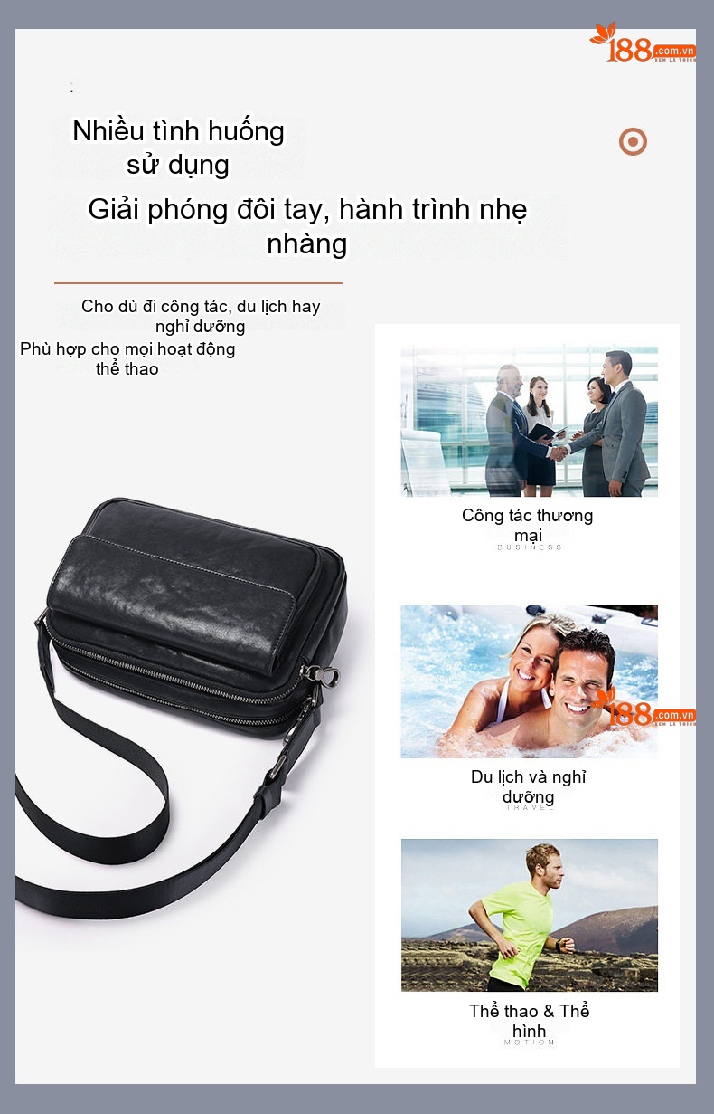 Túi Đeo Chéo Nam Da Bò Ngang Dáng Nhỏ Gọn Màu Đen chi tiết 6