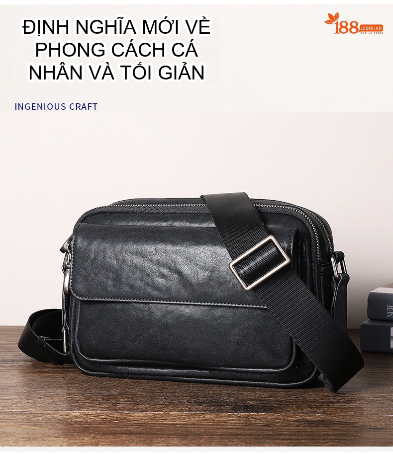 Túi Đeo Chéo Nam Da Bò Ngang Dáng Nhỏ Gọn Màu Đen chi tiết 11