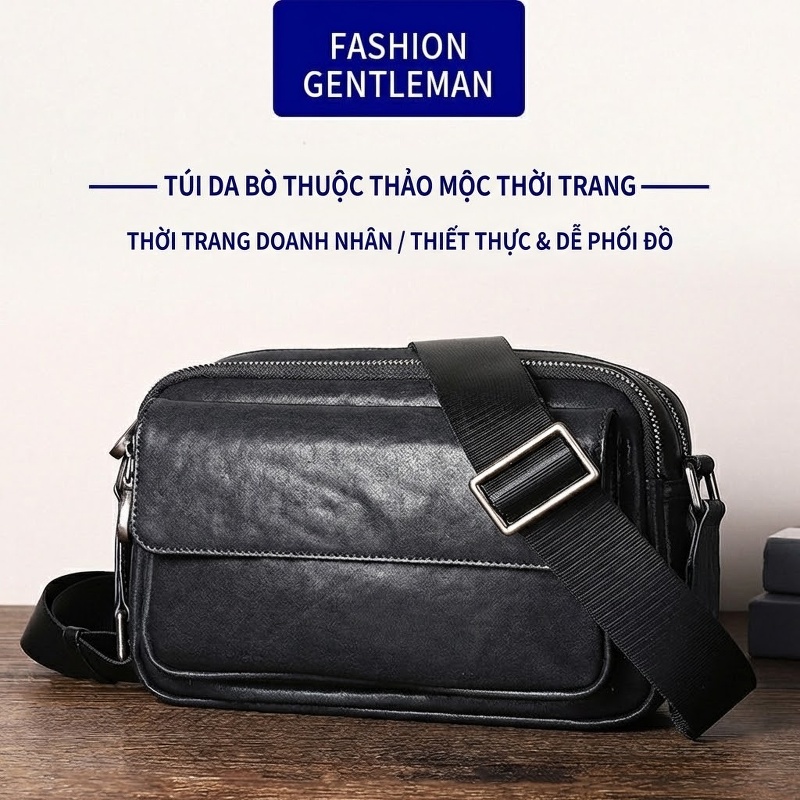Túi Đeo Chéo Nam Da Bò Ngang Dáng Nhỏ Gọn Màu Đen