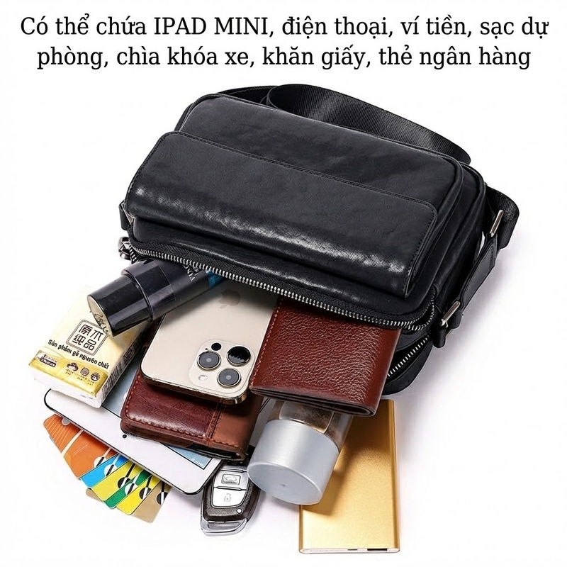 Túi Đeo Chéo Nam Da Bò Ngang Dáng Nhỏ Gọn Màu Đen
