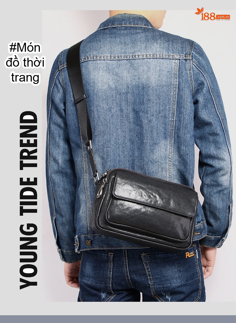 Túi Đeo Chéo Nam Da Bò Ngang Dáng Nhỏ Gọn Màu Đen chi tiết 5