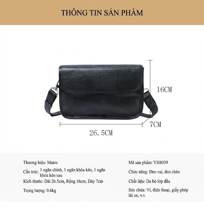 Túi Đeo Chéo Nam Da Bò Ngang Kiểu Dáng Thời Trang chi tiết 9