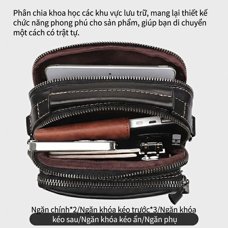 Túi Đeo Chéo Nam Da Bò Nhiều Ngăn Đựng Ipad 7.9 Inch Màu Đen
