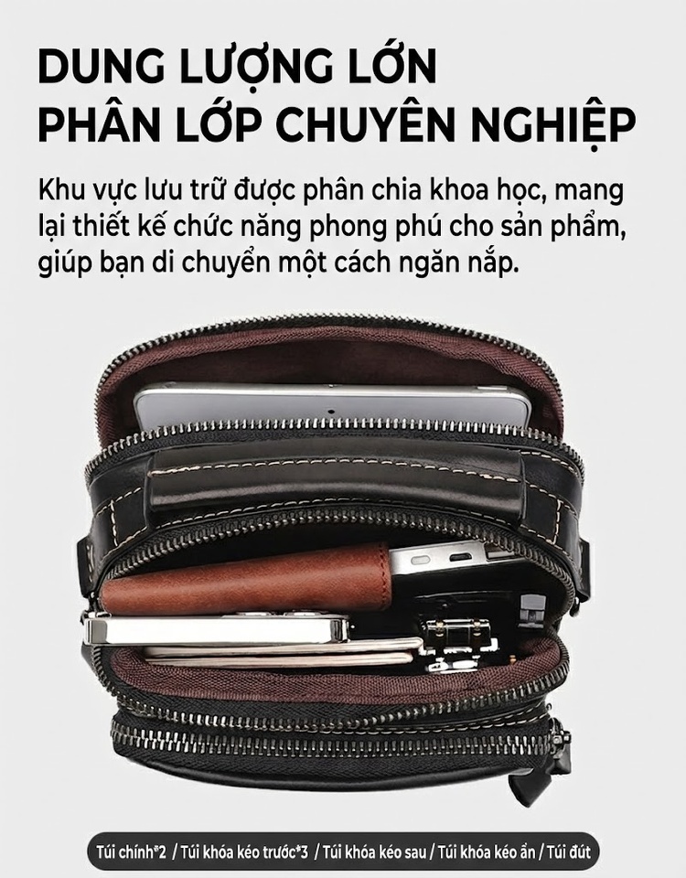 Túi Đeo Chéo Nam Da Bò Nhiều Ngăn Đựng Ipad 7.9 Inch Màu Đen chi tiết 7