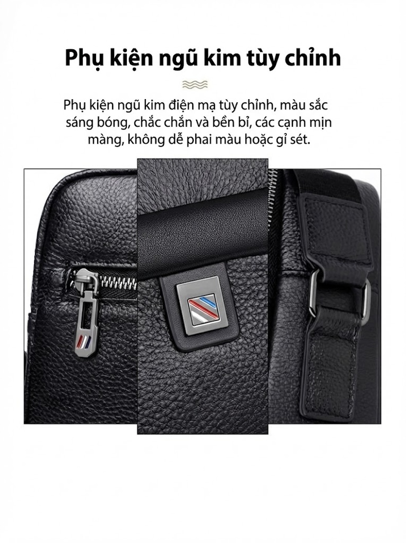 Túi Đeo Chéo Nam Da Bò Nhiều Ngăn Khóa Kéo Đôi Màu Đen, Nâu chi tiết 9